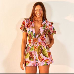 Farm Rio Beaks & Bananas Belted Ruffled Cotton Romper size S